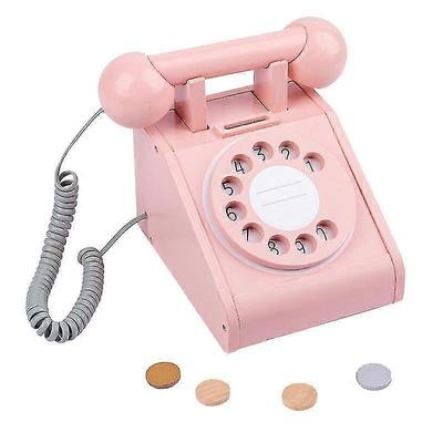 Drewniany Telefon z Tarczą Zabawka dla Dzieci Symulacja Domku do Zabawy Telefon Retro Telefon z Tarczą Obrotową Zabawka z Czterema Symulowanymi Monetami