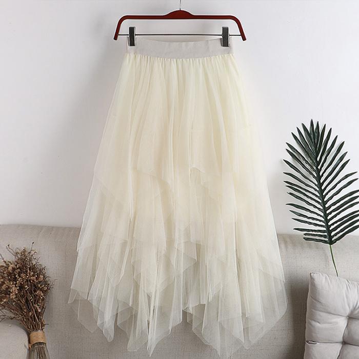 Women Spring Fall High Waist All Match Multi-Layer Color Matching Mesh A Line Skirt