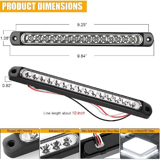 PSEQT 10" 15 LED Trailer Identification Light Led Running Reverse Backup Tail Light Bar Strip White Truck Rear Side Marker Lights Waterproof