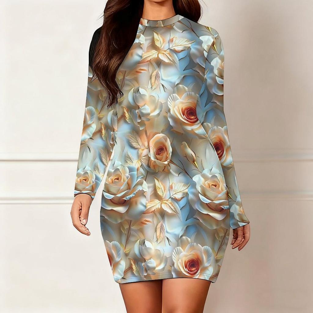 2025 Outono e Inverno Novo Estampa Floral 3D e Tingimento Moda Feminina Manga Longa Gola Redonda Vestido Envolvente de Quadril Dia dos Namorados Limitado