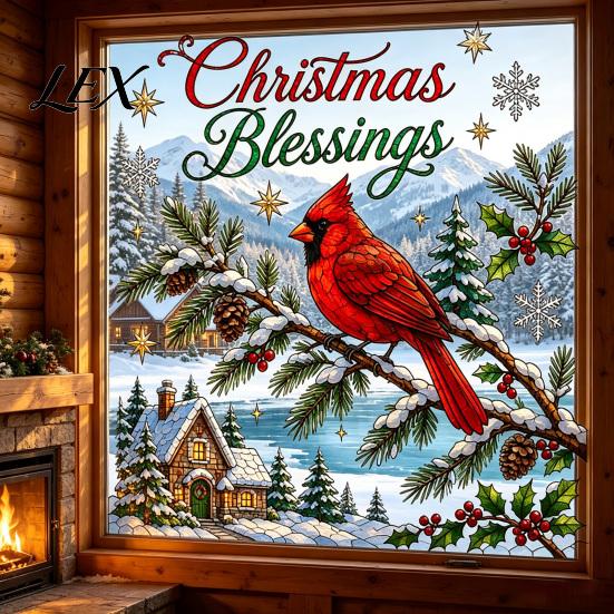Shopping Mall Christmas Stickers 2Pcs Wall Stickers, Snowy Cottage Tree Self Adhesive Decals, Waterproof PVC Window Clings Snow Scene Holiday
