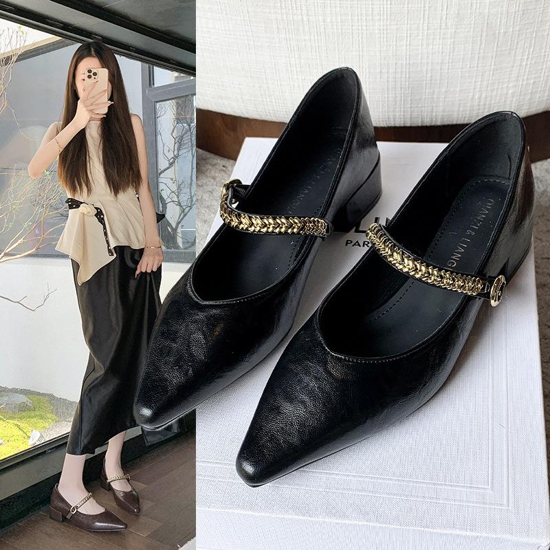 Spring and Autumn New French Retro Thick Heel Chain Mary Jane Women's Single Shoes Pointed Shallow Mouth One-word Buckle Granny Shoes