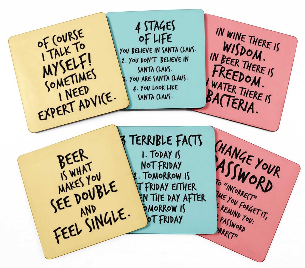 Inkdotpot Set of 6 Drink Coasters Easy Clean 4 Inch Square  Coasters  Cork Base-  Reusable- Funny Bachelor