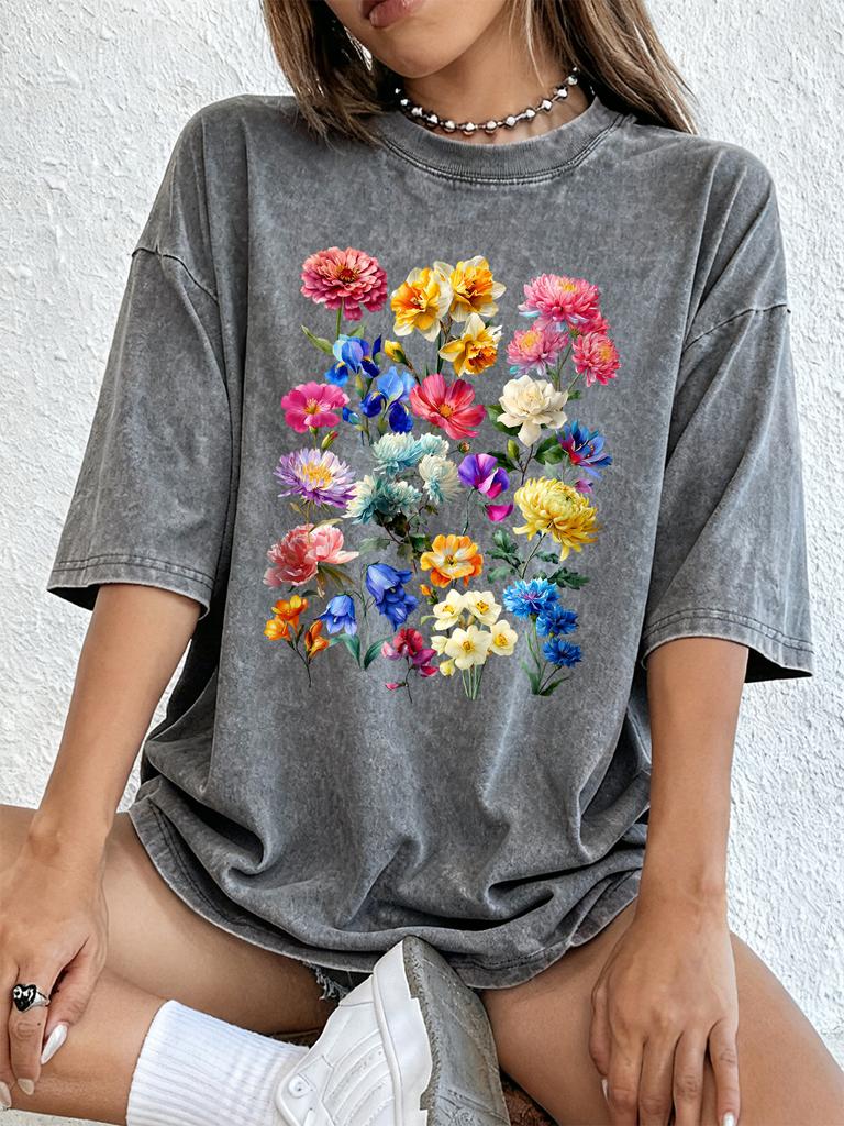 Watercolor Vibrant Flowers Prints Washed TShirts Womens Cotton Oversized T Shirt Casual Short Sleeve Tops Summer ONeck Clothes