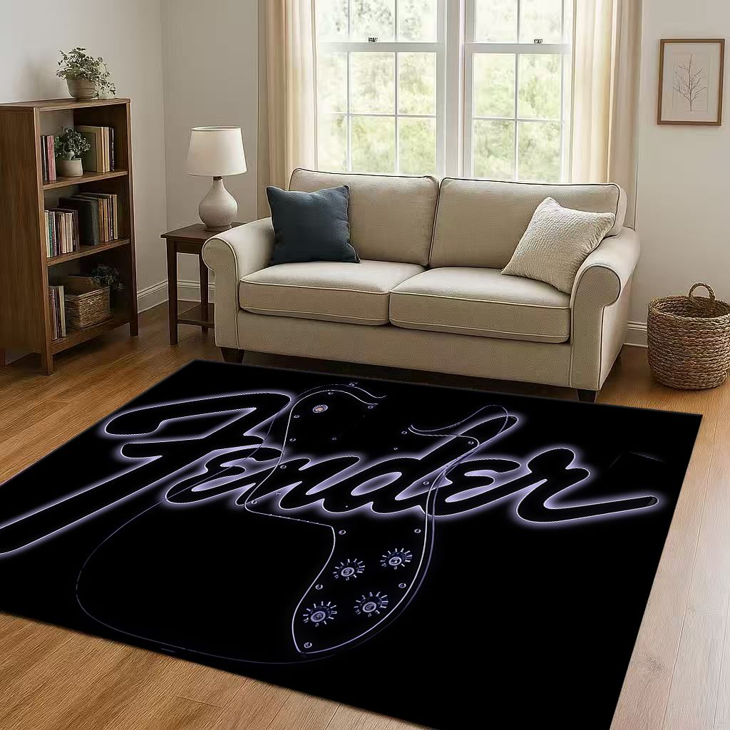 3D F Fender Guitar Musical Instrument Sign Living Room Non Slip Area Rug Carpet for Bedroom Sofa,Easy Clean Home Decor Doormat