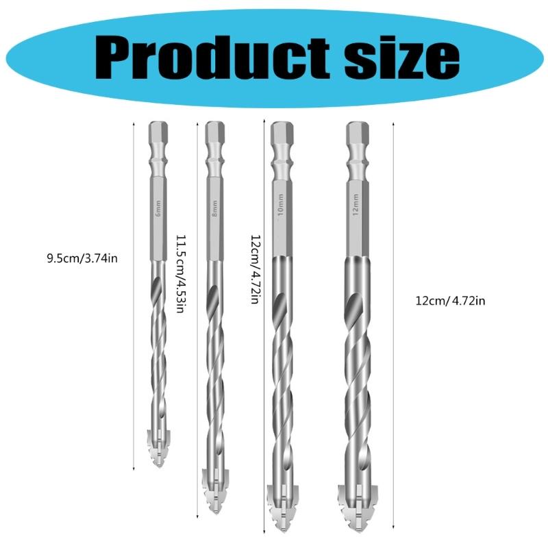 4Pcs Four Edges Serrated Eccentric Drill Bits for Concrete Brick Tile Wood with Carbide Tips 1/4" Hex Shank 6/8/10/12mm