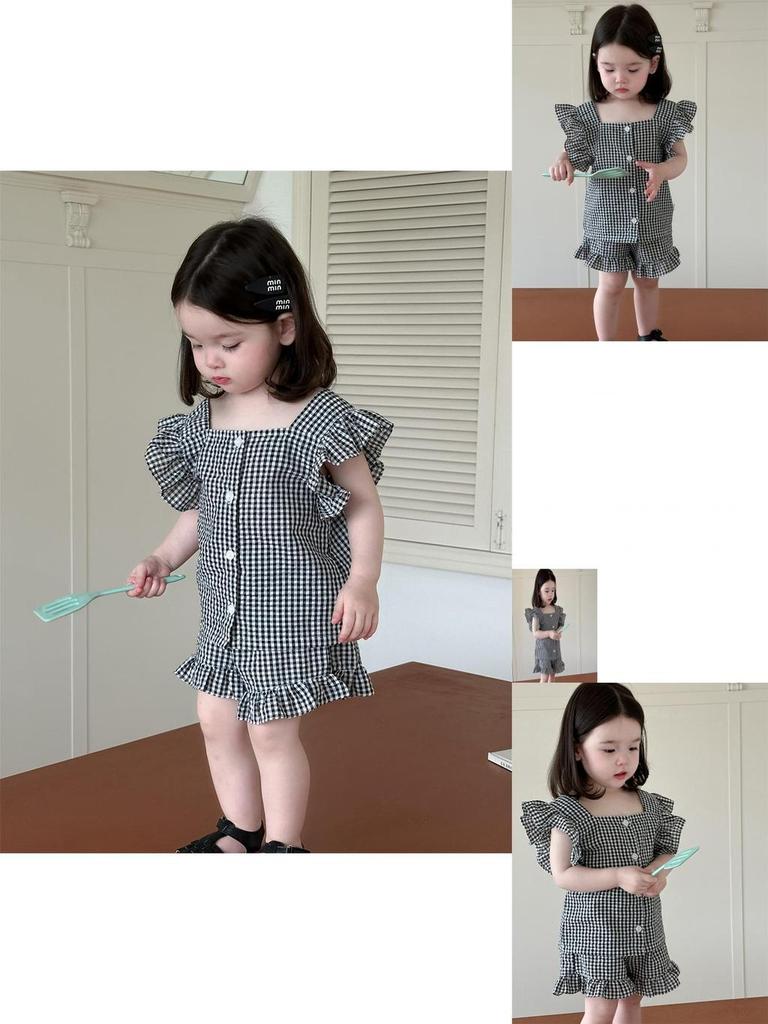 Rozkošný kojenecký letní outfit Dvoudílná sada Roztomilé kreslené bavlněné tričko s krátkým rukávem a šortky pro kojence v černém a kávovém kostkovaném vzoru