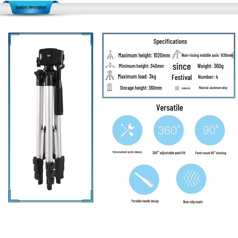 Tragbarer Aluminiumlegierungs-Stativständer für DSLR, Projektor & Mobiltelefon mit einziehbarem Handyhalter für Live-Streaming