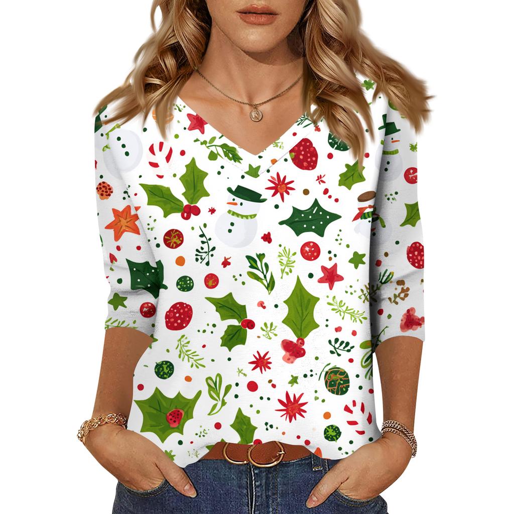 Women's Tops Three-quarter Sleeve Shirt V-neck Loose Casual Shirt Print T-shirt