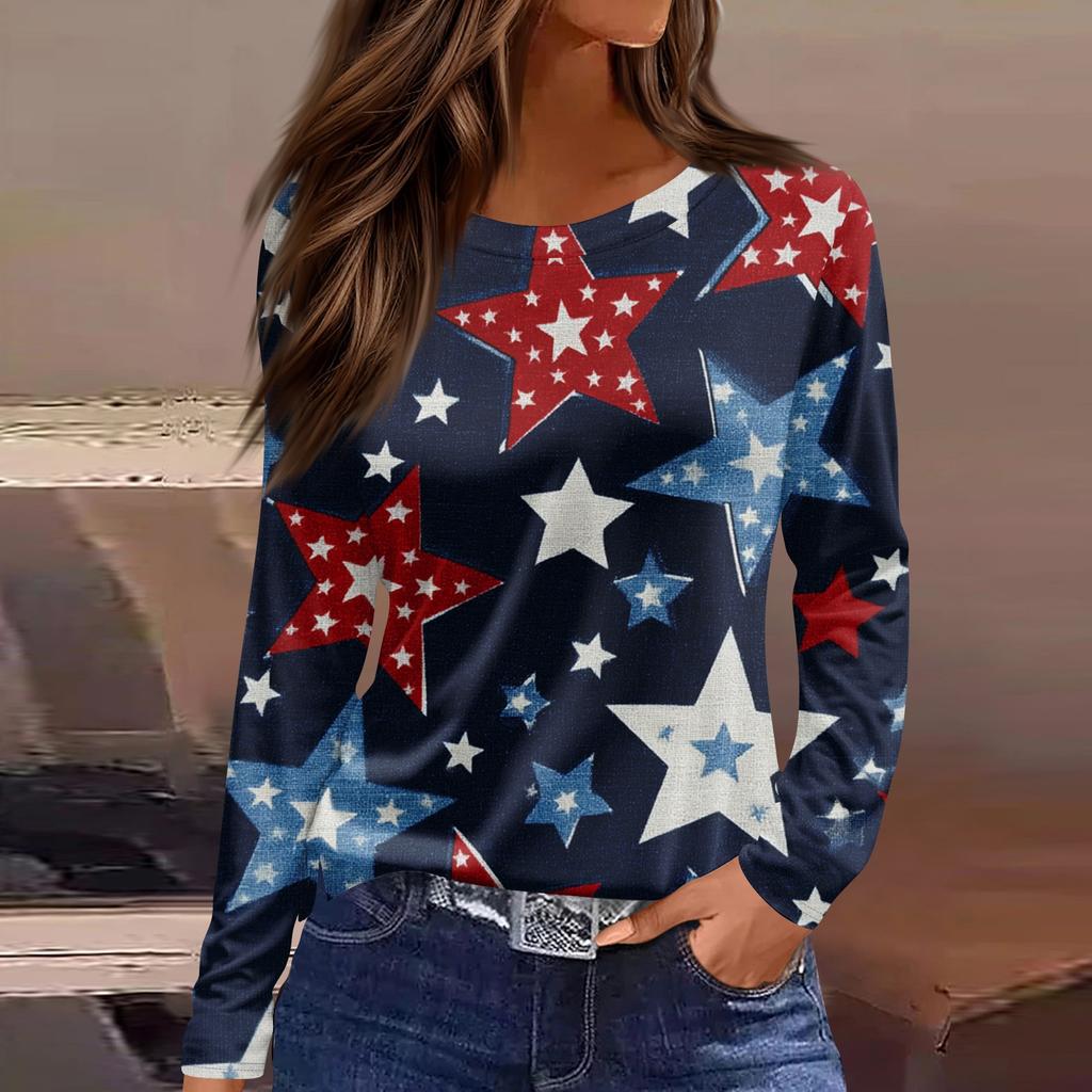 Women’s Long Sleeve Crewneck Top with American Flag and Floral Print Casual Loose Fit Pullover for Daily Wear