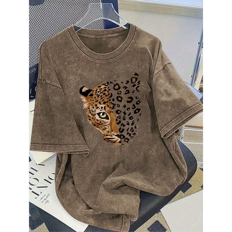 European sizes Men'S Retro Washed Leopard Print Letter Pattern T-Shirt - Casual Nostalgic Short Sleeve Crew Neck Top