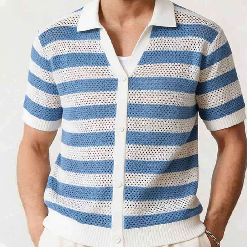 Mens Stripe Hollow Knit Short Sleeve Lapel Button Casual Polo Shirt S белый