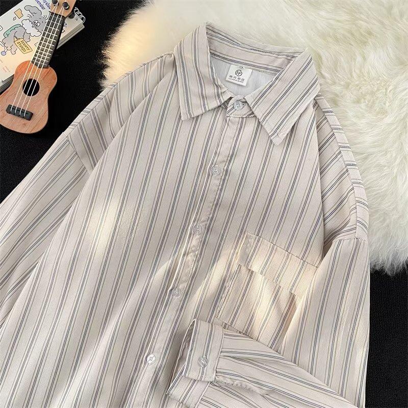 2024 Striped Long Sleeve Shirt Japanese Hong Kong Style Ins Loose Shirt Boys Summer Trendy Versatile Casual Coat