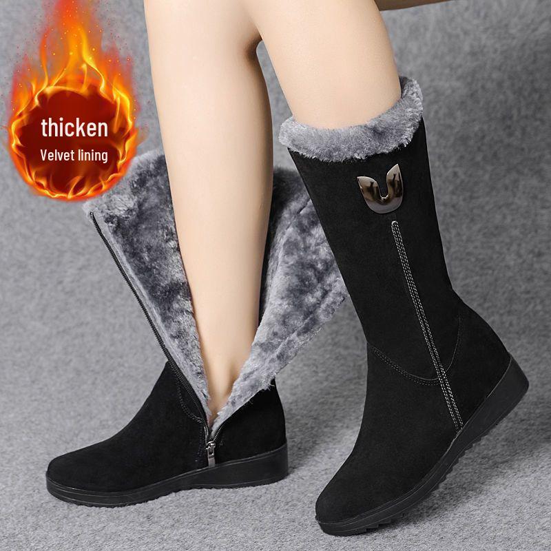Women's High-Top Mid-Calf Snow Boots, Velvet-Lined, Non-Slip, Lightweight, Warm, Flat Bottom.