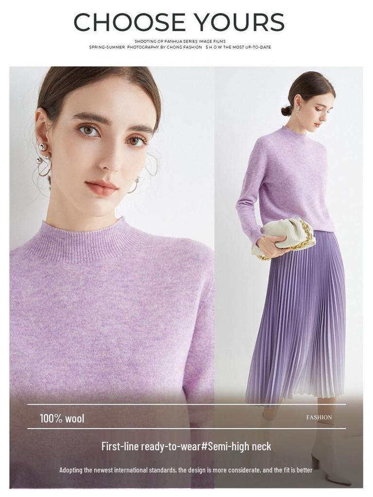 Damen Nahtloser 100% Wollpullover Langarm mit Halbhohem Kragen für Herbst/Winter