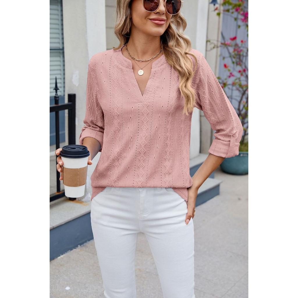 Camisetas para Mujer - Primavera Verano Camiseta Casual para Mujer Color Sólido Cuello en V Detalle de Botones Mangas Tres Cuartos Top para Mujer para Uso Diario