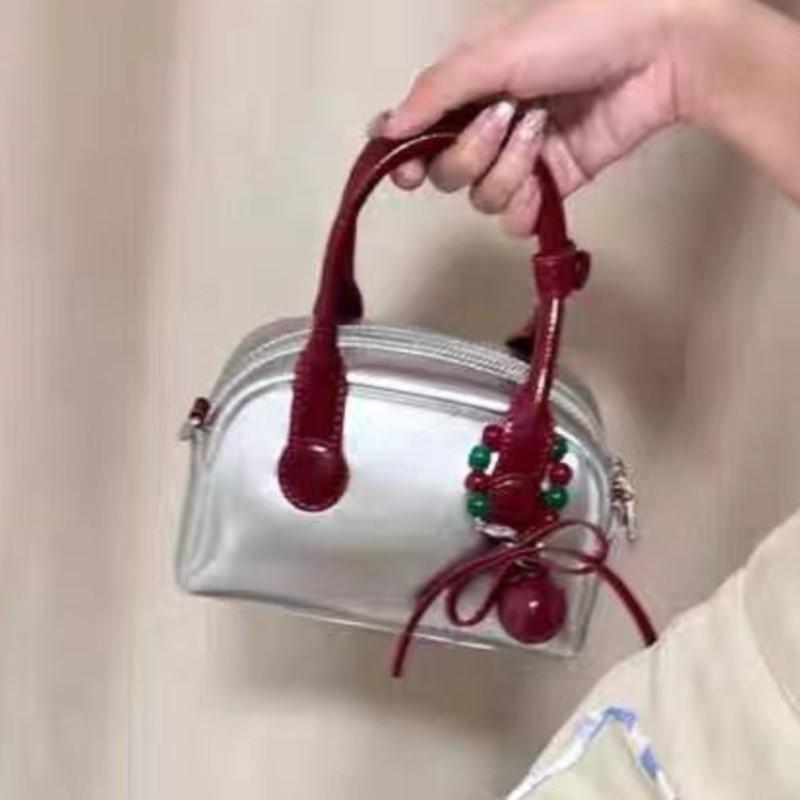 Hot Girl Cute Silver Bowling Handbag Women Fashion Leather Petite Shoulder Bag Ladies Stylish Casual Versatile Crossbody Bag New