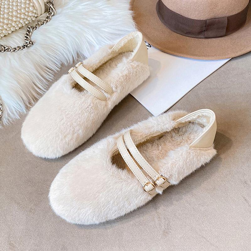Fashion Elegant Belt Buckle Fur Mocasines Women Rabbit Hair Flats Winter Warm Plush Wool Shoes Ladies Slip On Loafers Furry Ballerinas