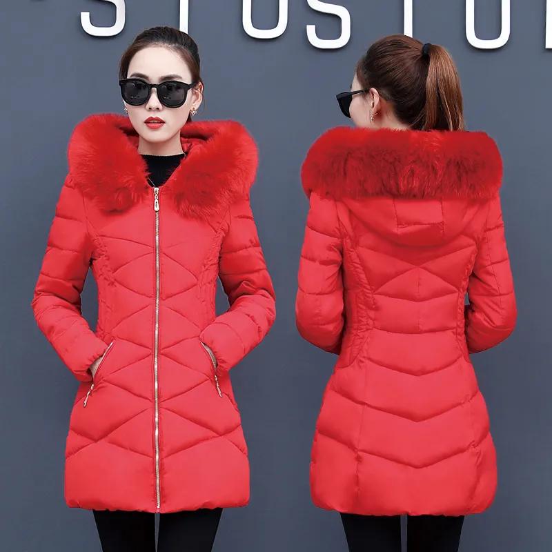 

Women s Winter Korean-Style Slim-Fit Mid-Length Warm Coat Elegant Solid-Color Large Fur Collar Jacket XS червоний