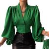 Summer New Style Temperament Button V-neck Lantern Sleeve Blouse Shirt Women