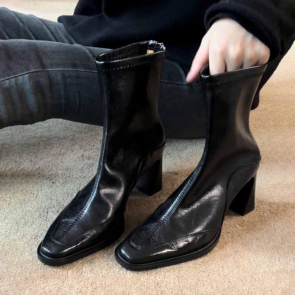 French square head temperament high heel female British style retro rear zipper elastic short boots