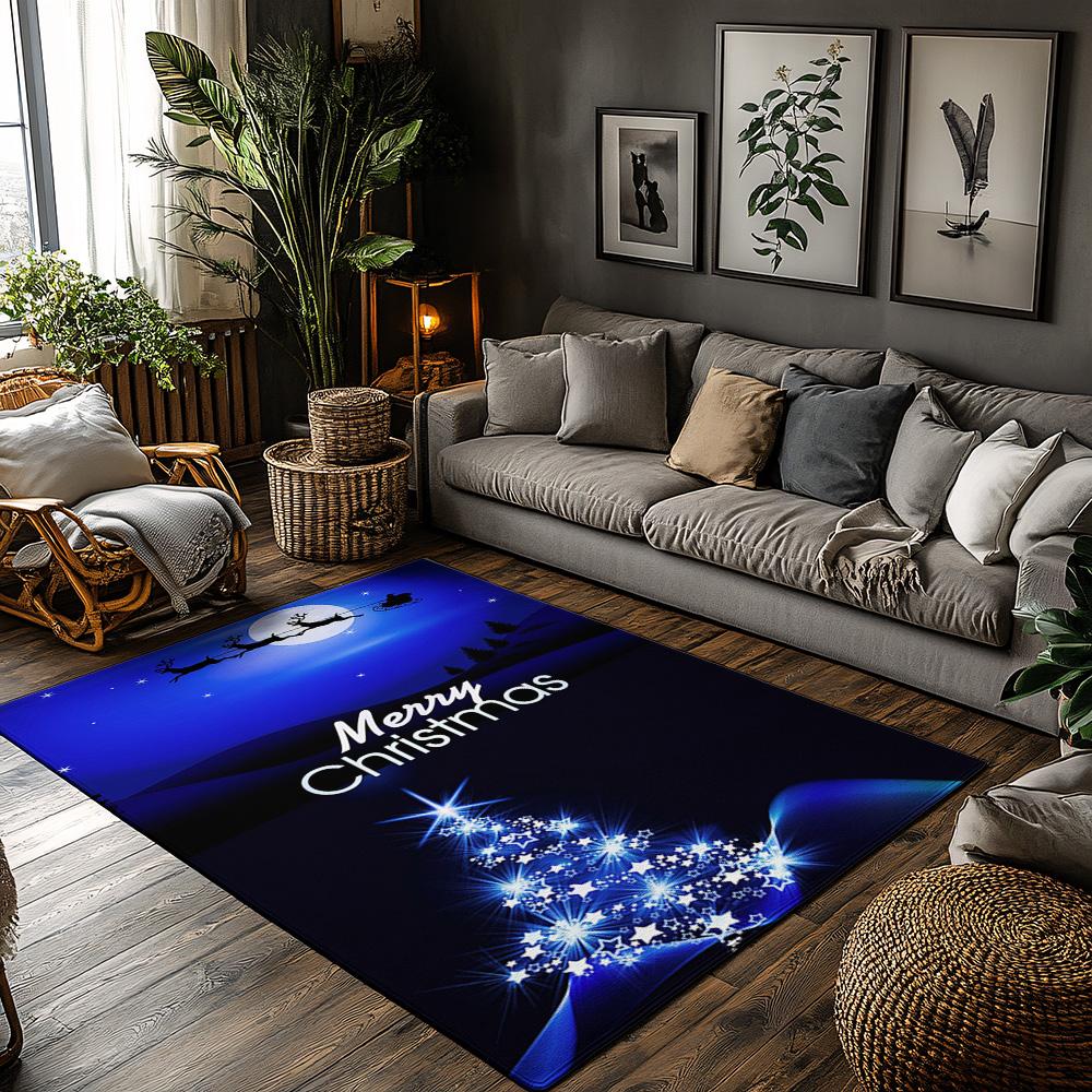 

Merry Christmas Tree Rug, Blue Holiday Carpet with Festive Greetings, Plush Non-Slip Mat for Cozy Living Room Decor 50x80cm