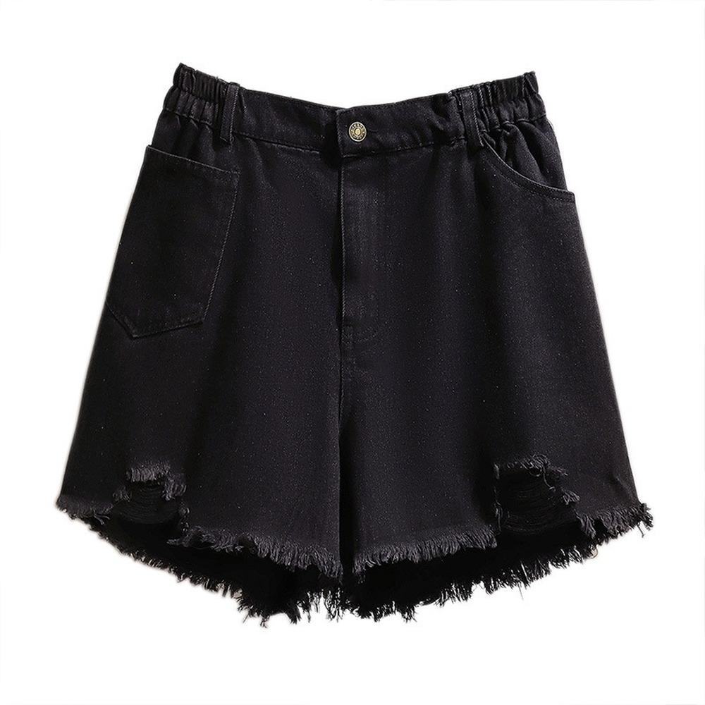 2XL-6XL Plus Size Women's Jeans Shorts Summer High Waist Wide Leg Pants Loose Tassel Denim Shorts Black
