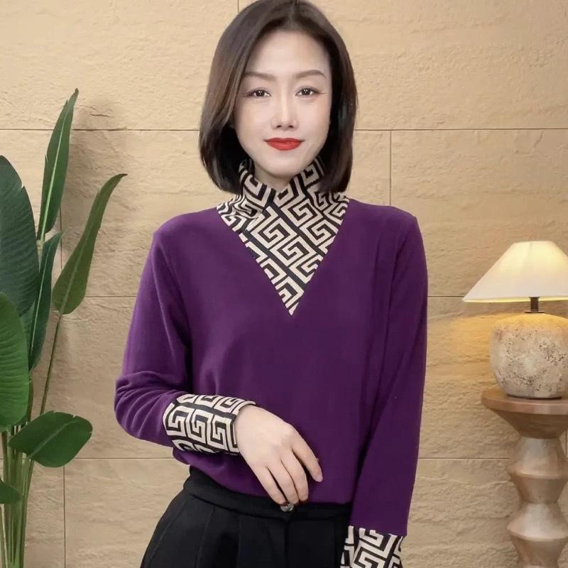 Double-sided German velvet semi-turtleneck bottoming shirt winter new inner warm versatile splicing design T-shirt women