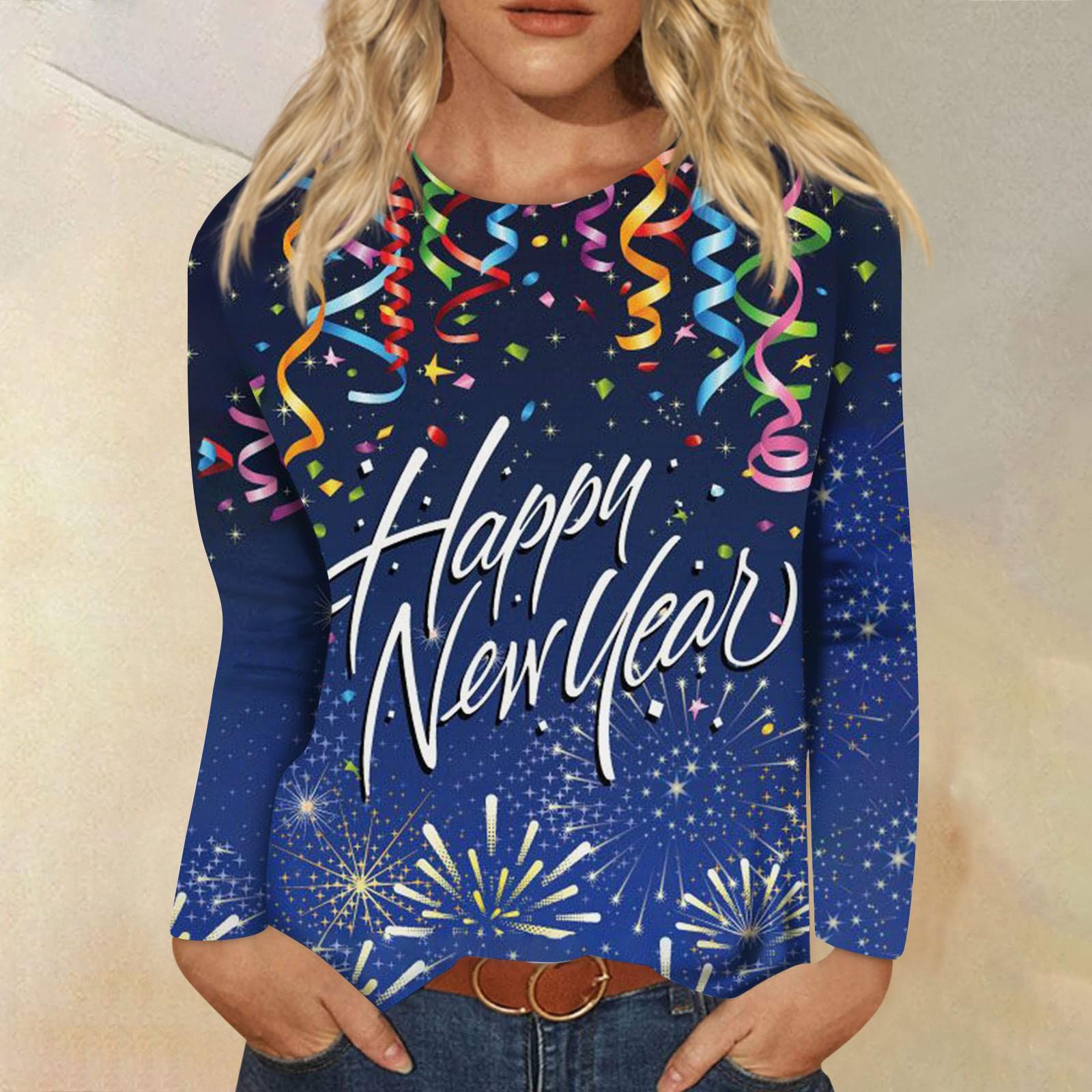 

Женская осенне-зимняя футболка с круглым вырезом и длинными рукавами, топ с принтом на Новый год 2024 M синий