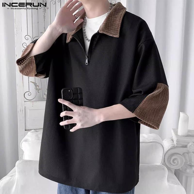 INCERUN Men Oversized Zipper Lapel Half Sleeve Loose Tops Summer Patchwork T-shirts