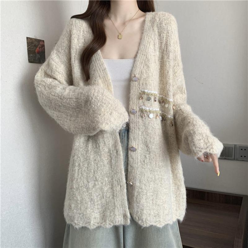 V-neck Sequin Sweater Jacket for Women 2025 Autumn Winter Knitted Cardigan Soft Top