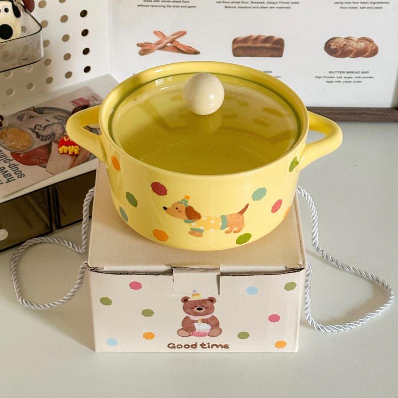 Cute Polka Dot Binaural Instant Noodle Bowl with Cover Student Dormitory Large Capacity Instant Noodle Bowl Personal Special Snail Powder Bowl