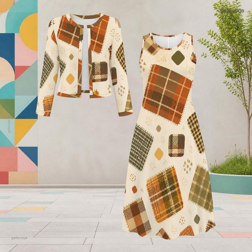 Women Plus Size Printed Two Piece Dress Set Round Neck Long Sleeve Cropped Cardigan Sleeveless Dress