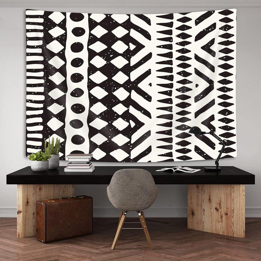African Mud Cloth Tapestry Wall Hanging Art, Black and White Tribal Afrocentric Ethnic Bohemian Motif with Geometric Elements