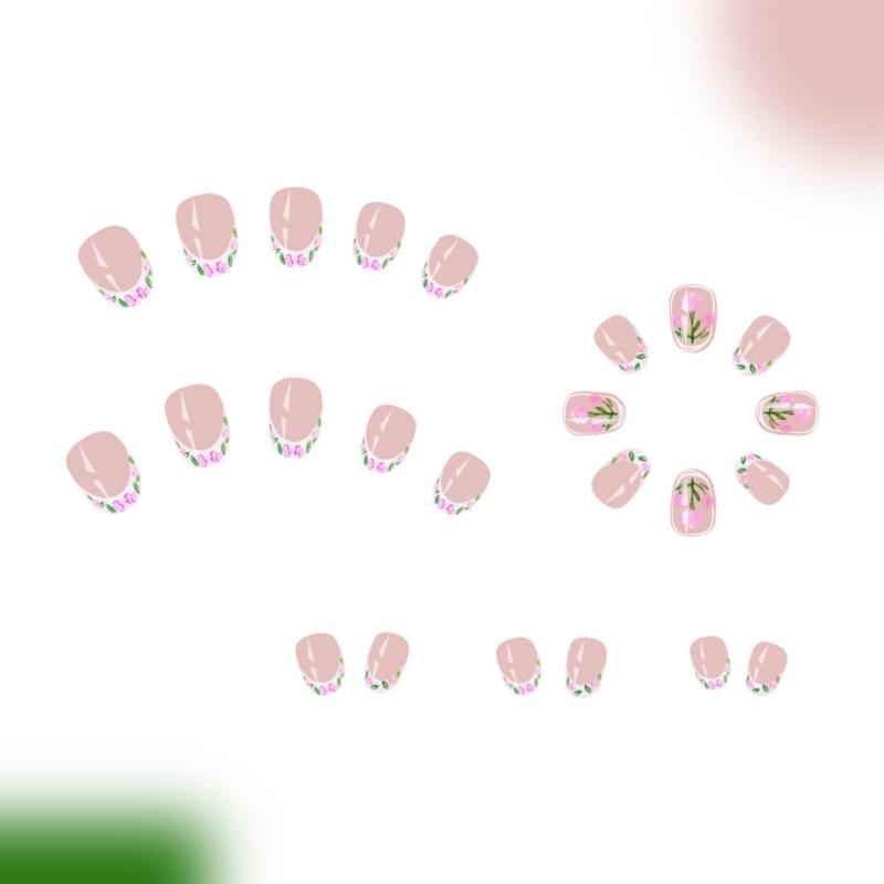 24 Pcs French Tip Press On Nail Short Oval False Nail Flowers Acrylic Nail Simple Full Cover Stick On Nail