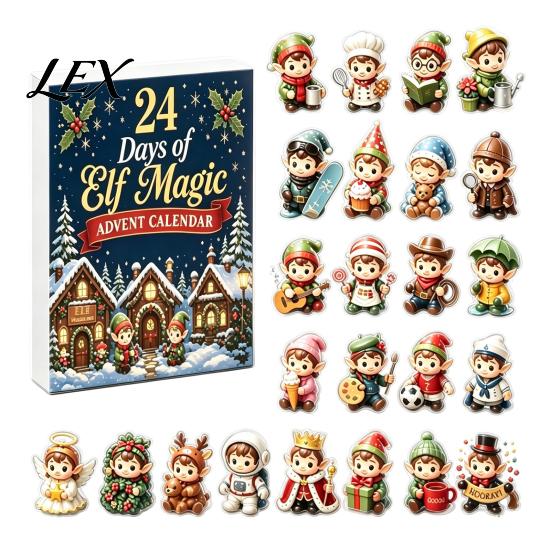 Christmas Decorative Hanging Charms Magic Elf Advent Calendar, 24 Day Acrylic 2D Ornament Set with Holiday Calendar Gift Cute Mini Figures,