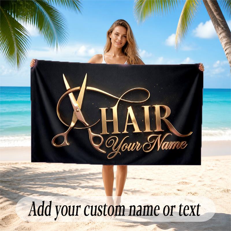 Barber Salon Theme Quick Dry Beach Towel Custom Name Text Print Large Sand Resistant Towel Beach Vacation