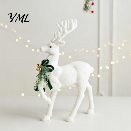 Exquisite Three Dimensional Ornaments White Flocked Elk Ornament, Ribbon Bell Decor 3D Standing Deer Christmas Season Home Figurine, Decorative