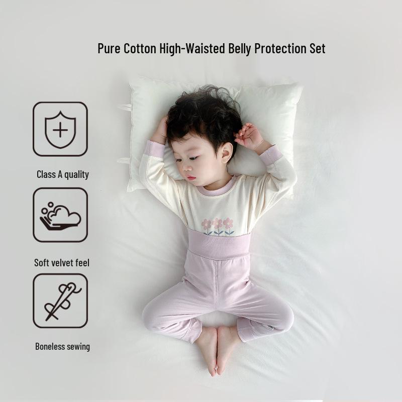 Baby Bomull Sömlös Hög Midja Långärmad Topp & Byxset för Höst/Vinter