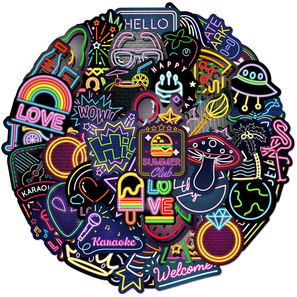 50PCS Waterproof Neon Graffiti Stickers Set for Guitar Skateboard Car Phone Toy Creative Cartoon Decoration Notebook