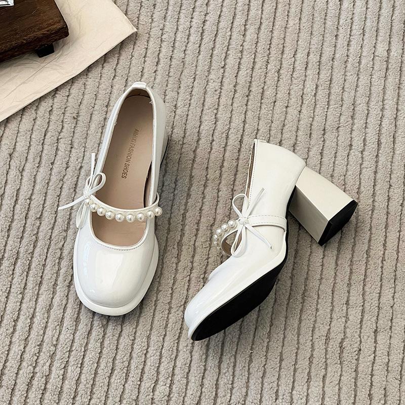 Casual Mary Jane Women's Shoes Summer New Bow Retro French High Heels Thick Heel Round Head Single Shoes Small Leather Shoes Women