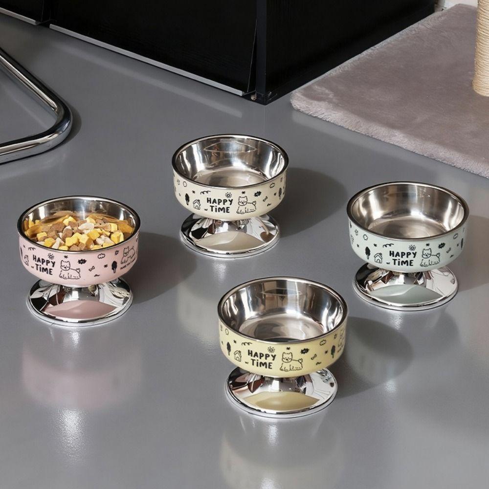 Stainless Steel Pet High Foot Bowl Cartoon Pet Food Bowl Cute Elevated Cat Bowl  Pet Accessories