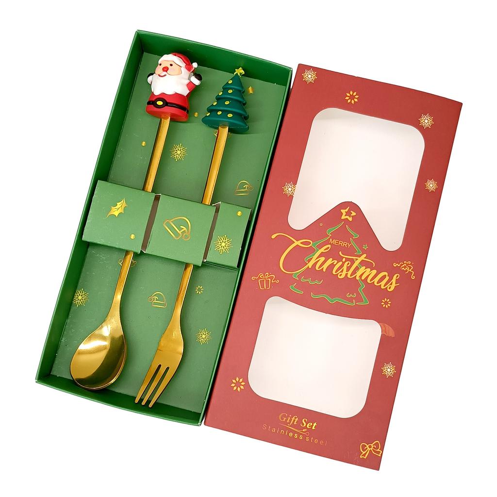 Xmas Tree Dessert Spoon Set Stainless Steel Holiday Coffee Spoon Fruit Fork Mini Cutlery Gift Christmas Present Party Favor