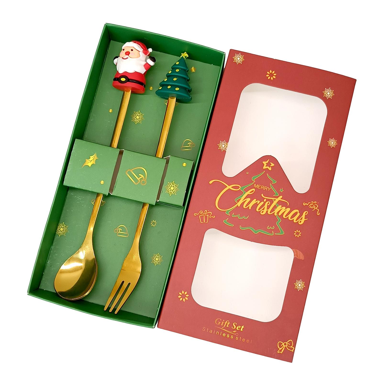 Xmas Tree Dessert Spoon Set Stainless Steel Holiday Coffee Spoon Fruit Fork Mini Cutlery Gift Christmas Present Party Favor