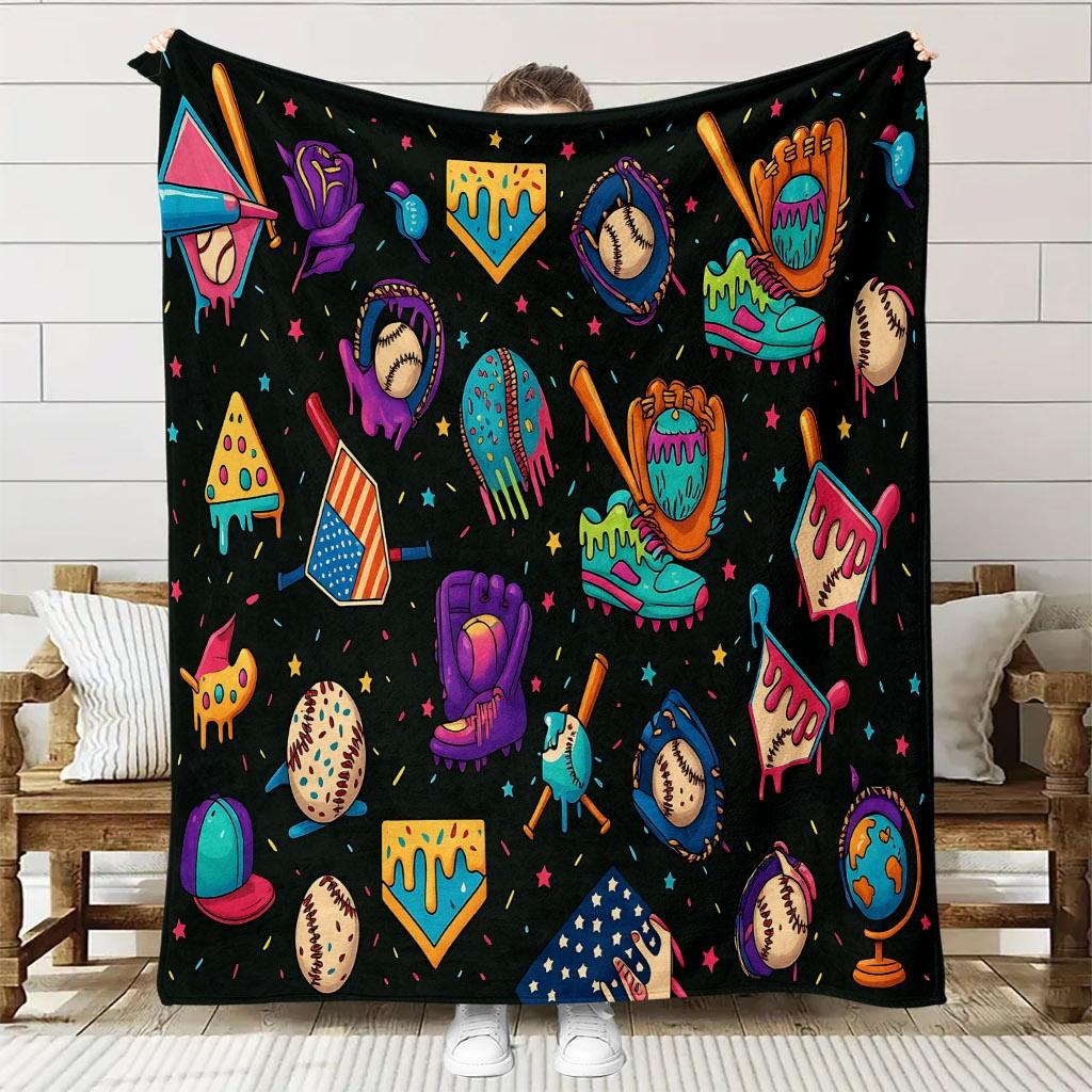 Custom Baseball Blanket Colorful Graffiti Glove Bat Design Personalized Name Fleece Throw All Season Soft Warm Bedding 75X95CM
