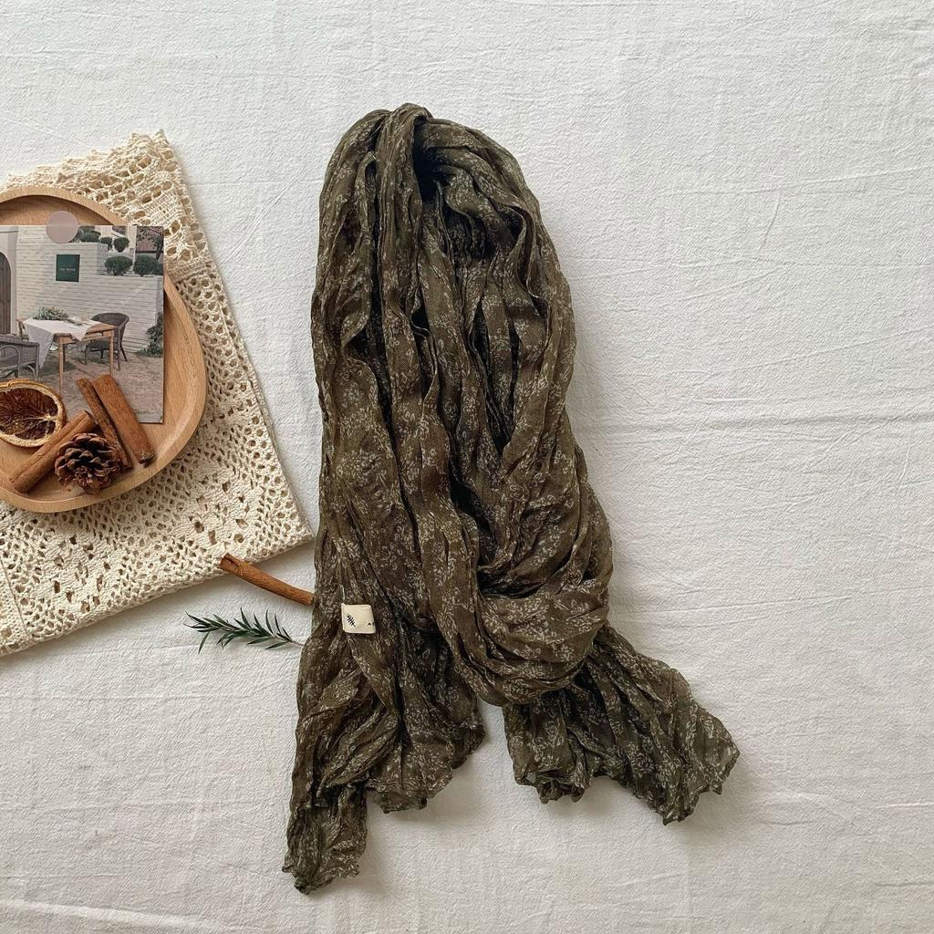 Vreovor Antique Scarf New Autumn And Winter Live Broadcast  Literary Cotton And Linen Retro Flower Crumpled Men Women