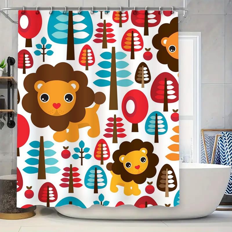 

Playful Lion Forest: Whimsical Animal And Tree Pattern Shower Curtain For A Fun And Vibrant Bathroom Dcor W60H190(CM)-1 Pcs