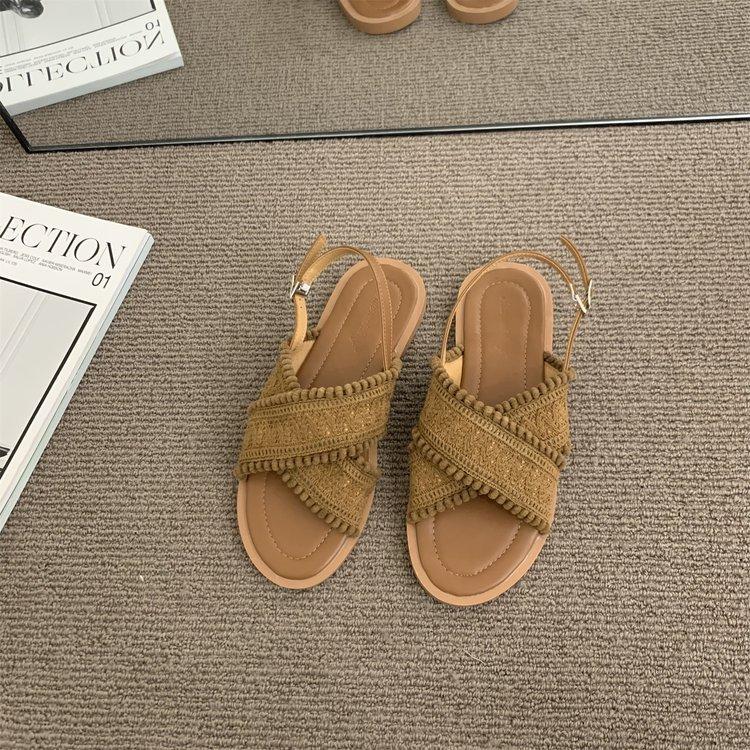 

With skirt cross sandals new women s retro open-toed bohemian belt summer 2025 flat Roman sandals wind soft 40 коричневий
