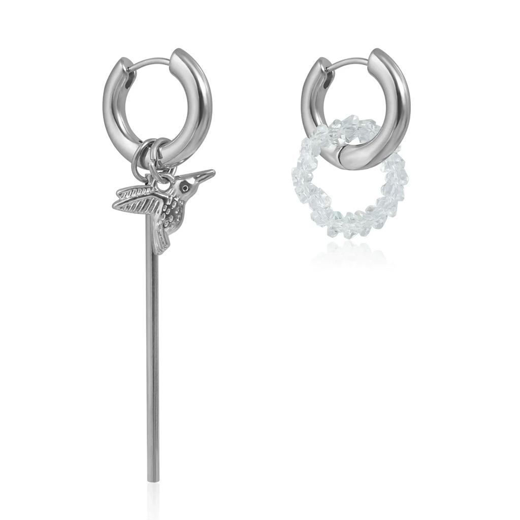 Ladies' Crystal Earrings with A Metallic Texture and Bird-shaped Hooks. They Are Asymmetrical Simple Perfect Parties Gifts.