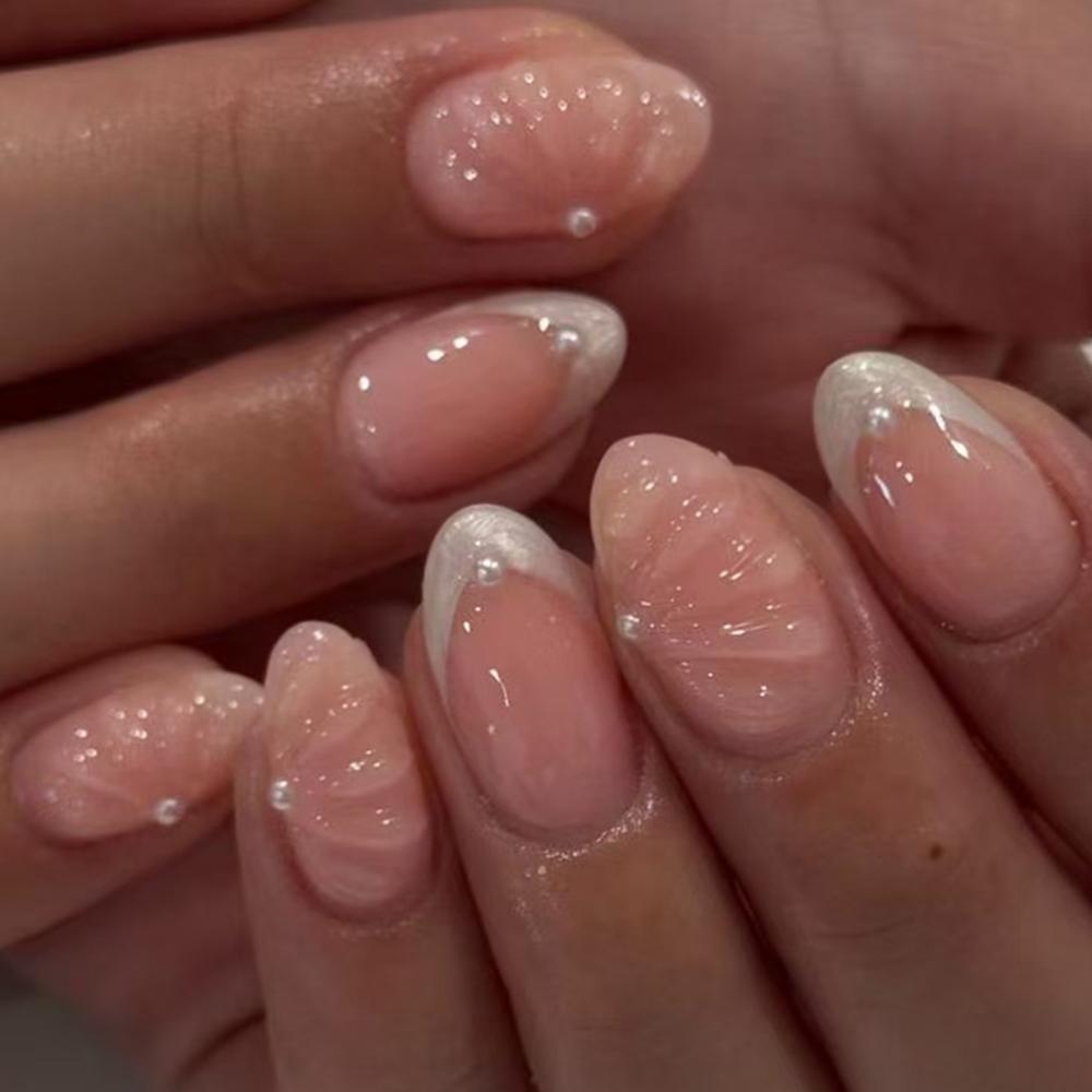 24pz Adesivi per Unghie in Gel 3D Ovali Corti, Crea Nail Art Fiore di Perla, Unghie Finte Acriliche French, Misura Corta Perfettamente Adatta Fal